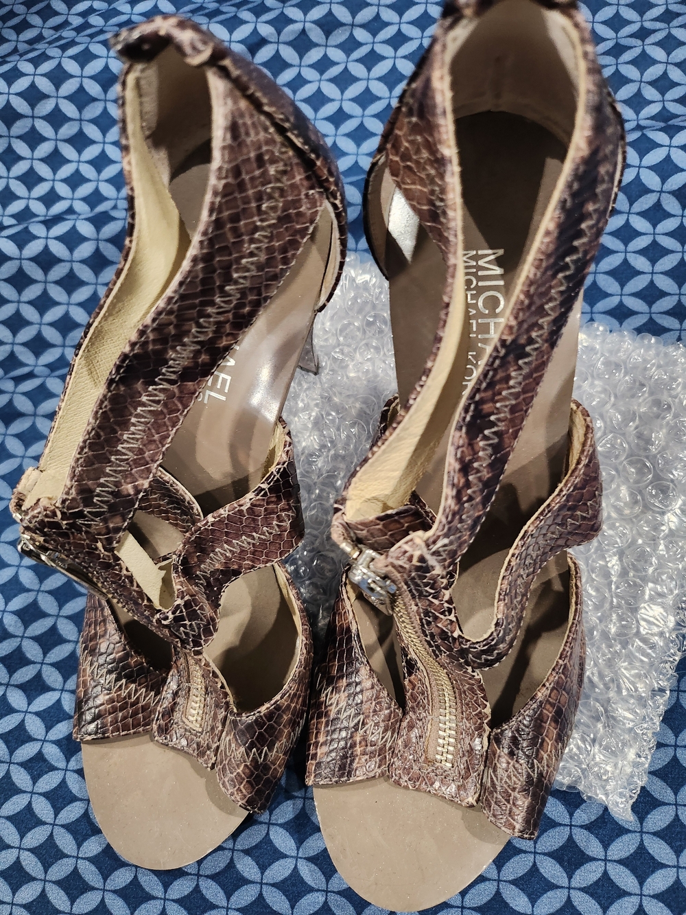 528. MICHAEL Michael Kors Brown Snake-Print Strappy High Heels